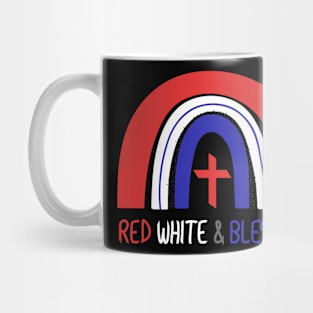 Red White and Blessed 4th of July USA Rainbow and Cross Mug